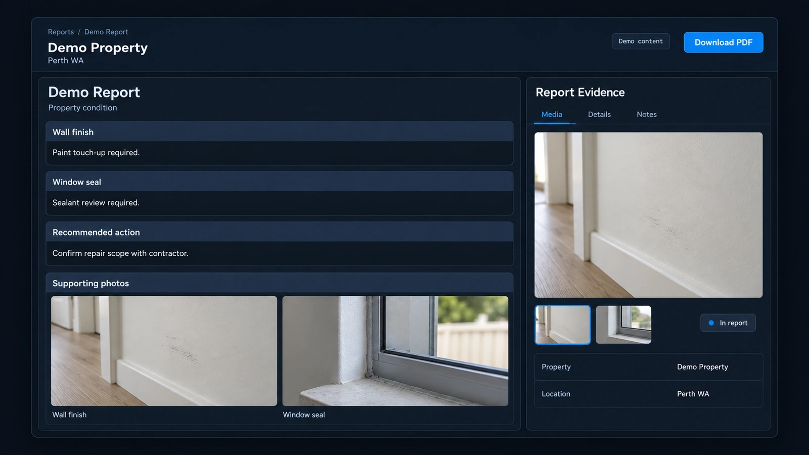 Synthetic demonstration of a property report with issue details and supporting evidence