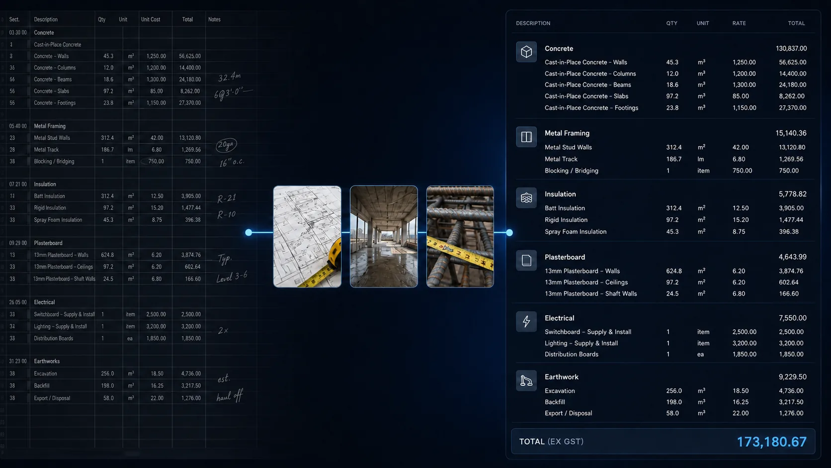 A cluttered estimating spreadsheet with handwritten notes converted into a clean, structured NexBilt quote with concrete, framing, insulation, plasterboard, electrical and earthwork sections and a total.