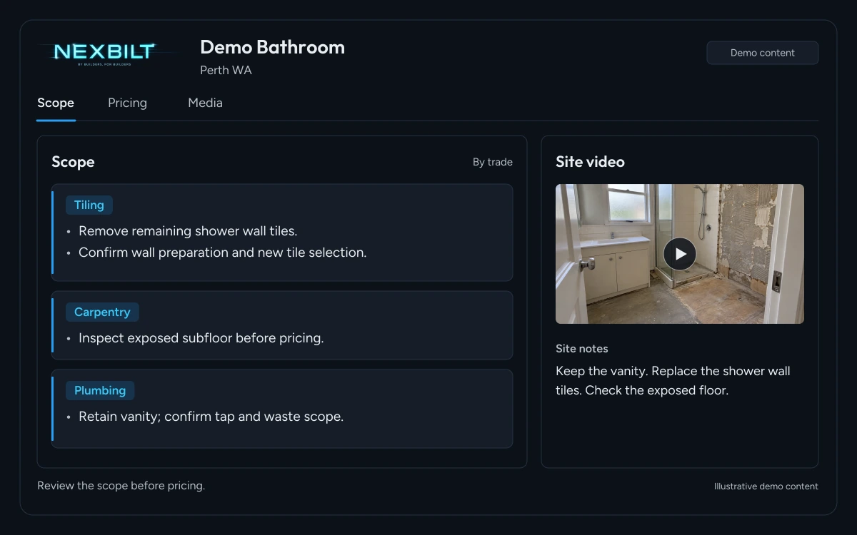 Illustrative draft bathroom scope with the site-video frame and demo site notes retained beside it.