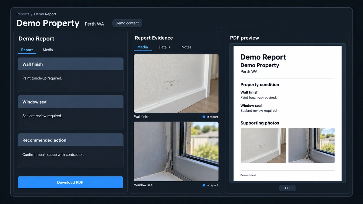 Synthetic demonstration of property report evidence alongside a PDF preview