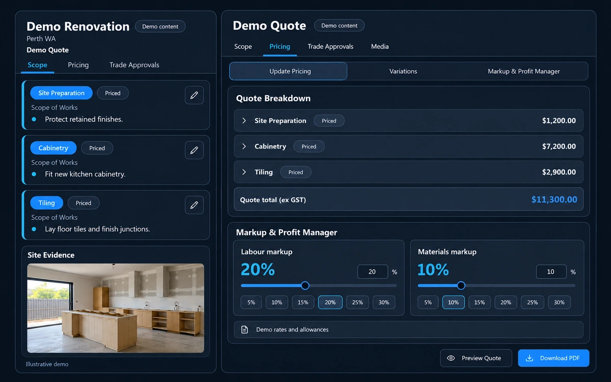 Synthetic demonstration of renovation scope and pricing in one connected view