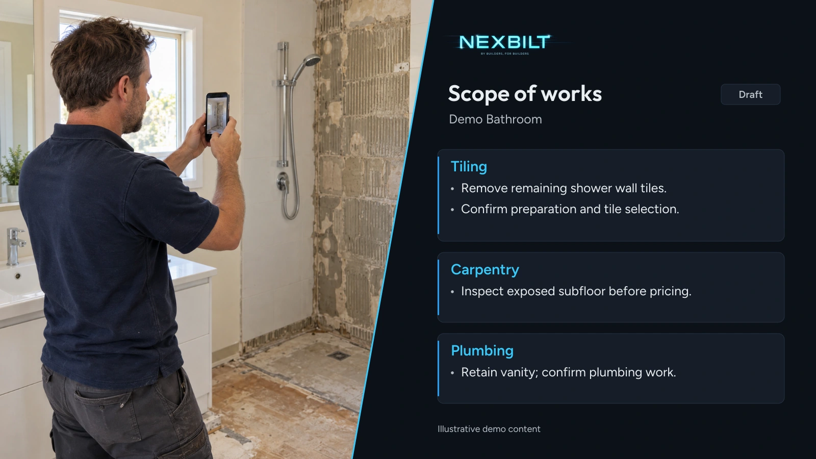 Illustrative scene of a tradesperson filming a bathroom renovation beside a draft scope view.