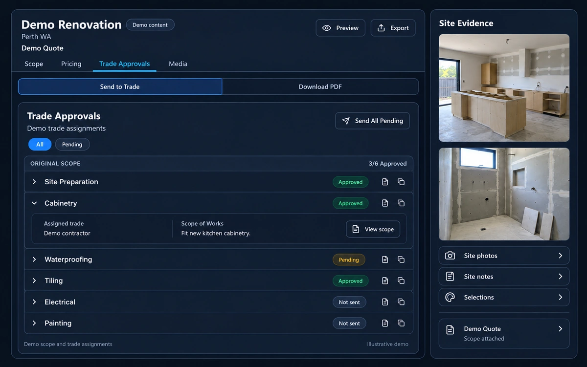 Synthetic demonstration of renovation trade approvals with site evidence